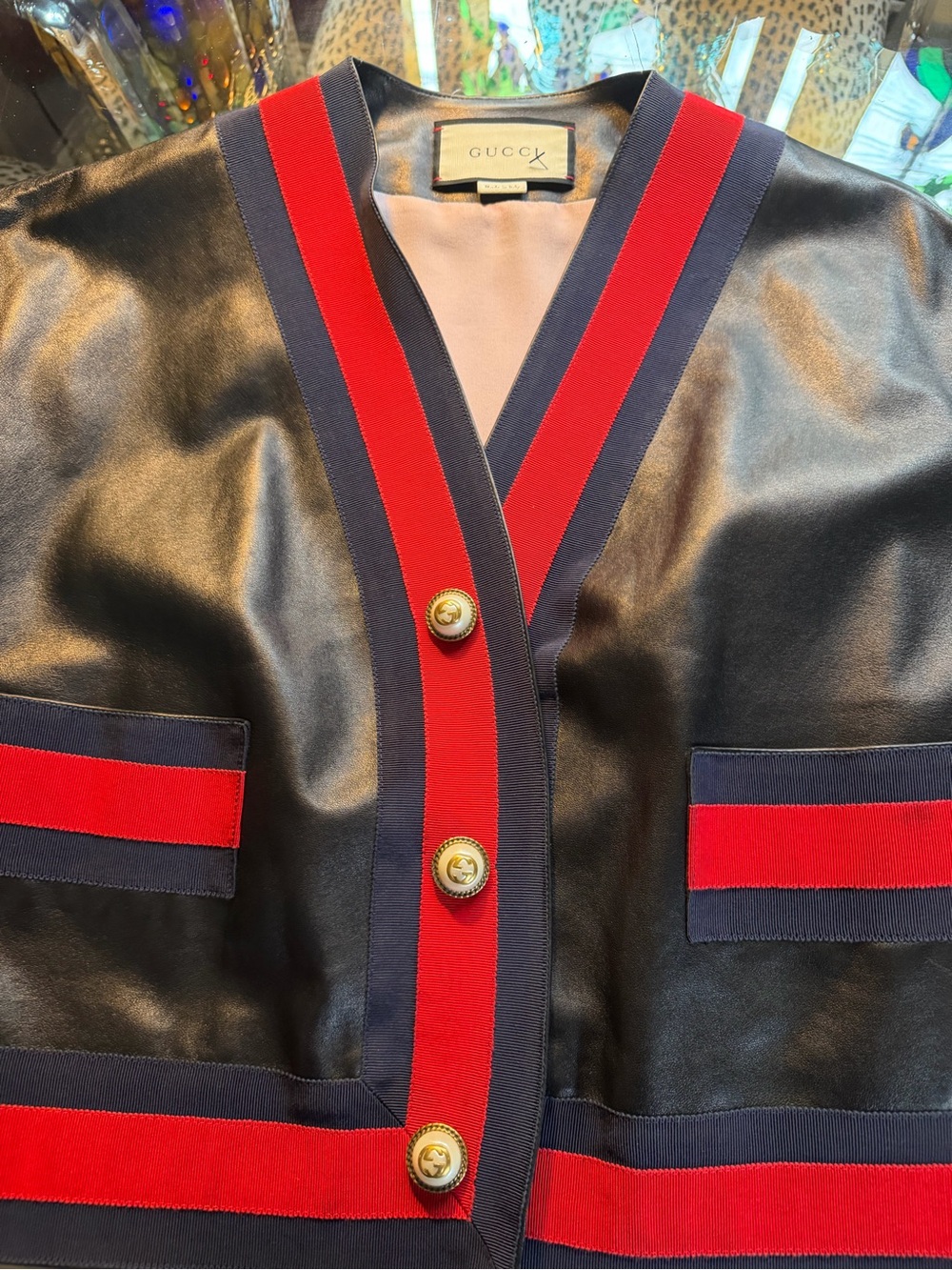 Gucci Black Leather Blazer with Red & Navy Trim size 38